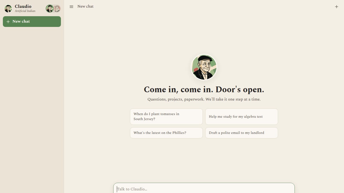 The Artificial Italian chat page: a sidebar with Claudio's avatar, a character toggle and a green New chat button, and a cream main area with his round portrait, a greeting, four suggested prompts and a 'Talk to Claudio' composer with a 'Think it through' button