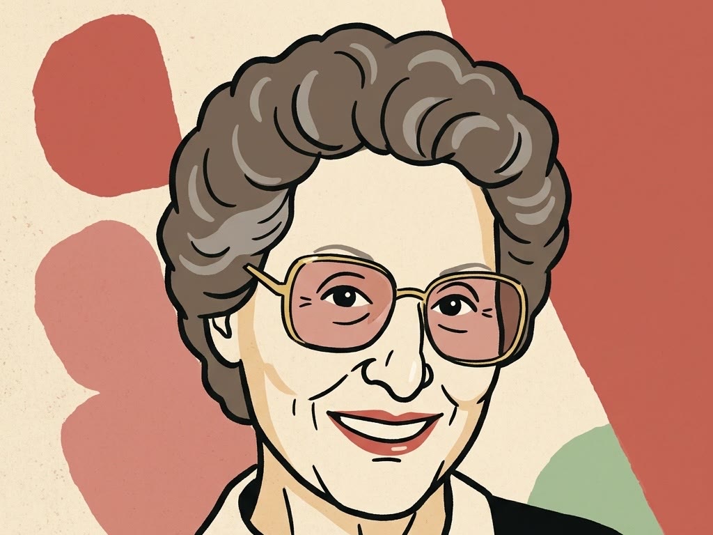 Screen-print style illustration of Claudia: grey curls, gold-rimmed tinted glasses, a wide smile and a white collar, on a tomato red and cream background