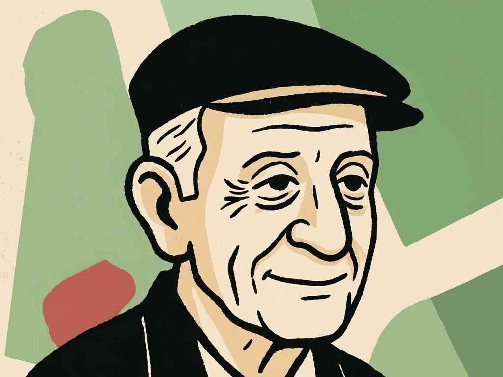 Screen-print style illustration of Claudio: black flat cap, deep smile lines, black jacket, on a sage green and cream background