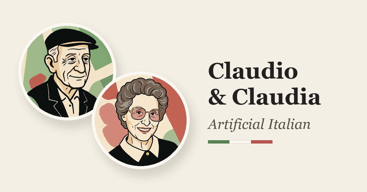 Illustrated portraits of Claudio in a black flat cap on sage green and Claudia in gold-rimmed glasses on tomato red, next to the words 'Claudio & Claudia: Artificial Italian' and a small green, white and red bar