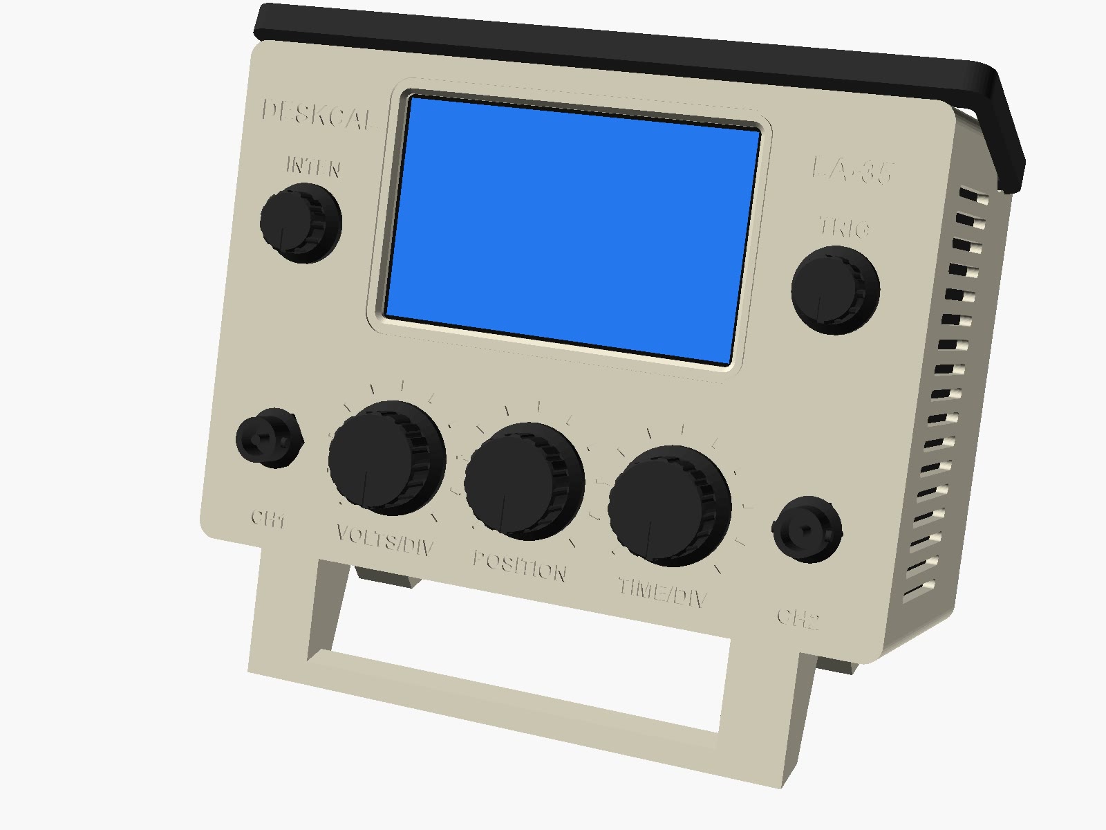 OpenSCAD render of the assembled stand at an angle, showing the tilted front panel, side vents and handle