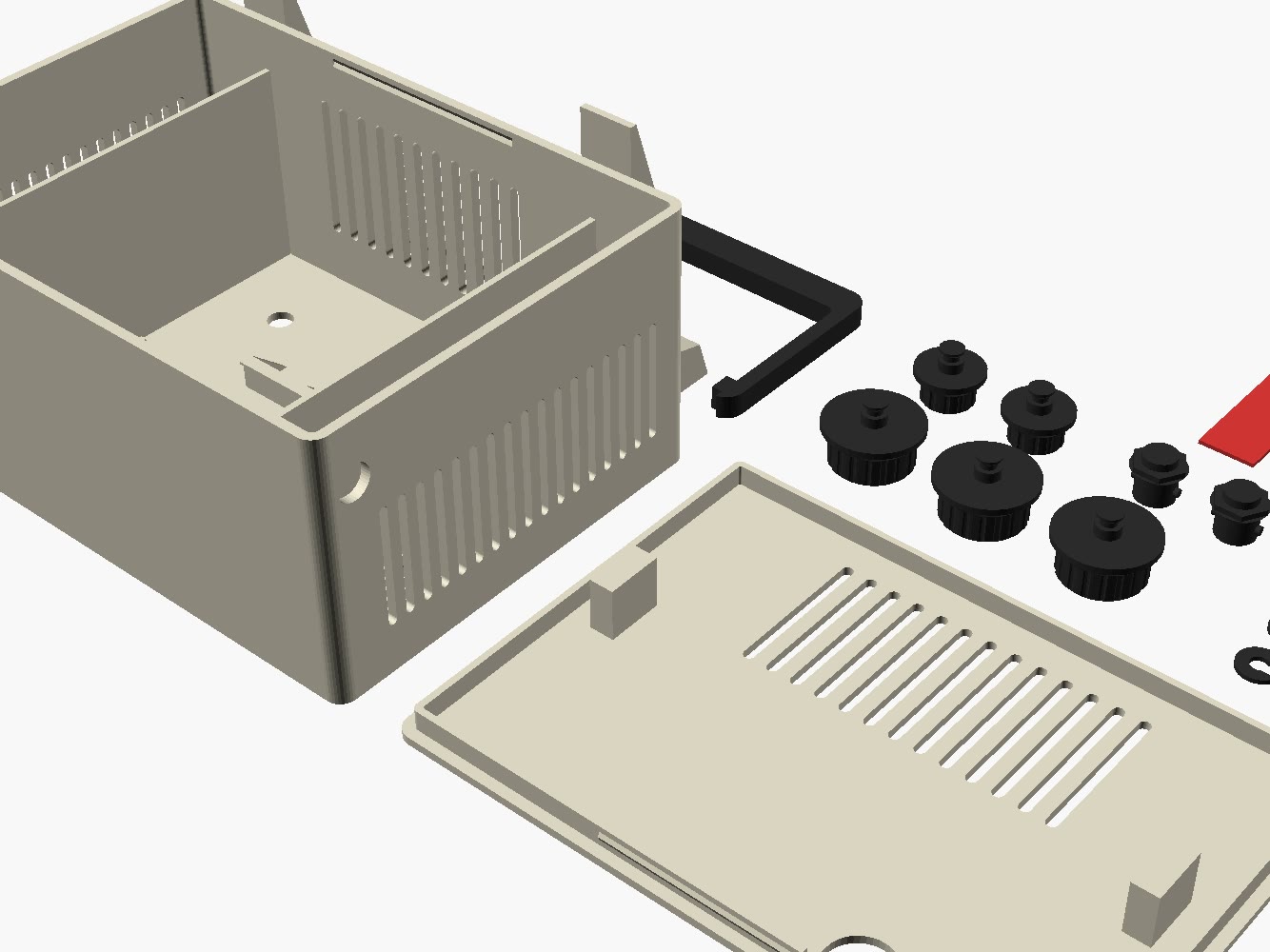 OpenSCAD render of the parts laid out for printing: body, back panel, handle, five knobs, two BNC jacks and five clips