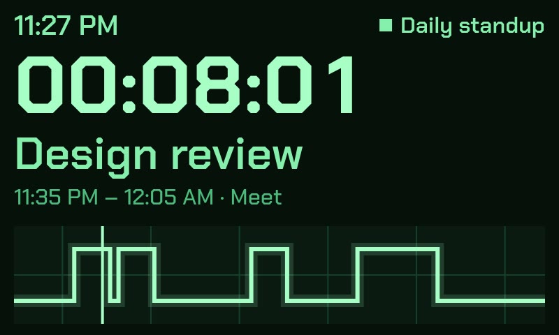 The display in demo mode: 11:27 PM, a countdown reading 00:08:01, 'Design review, 11:35 PM to 12:05 AM, Meet', and a square-wave trace of the next few hours