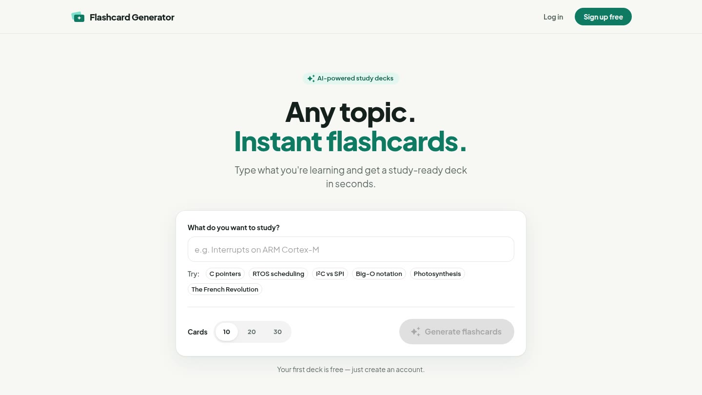 Flashcard Generator home page: 'Any topic. Instant flashcards.' above a topic field with suggested topics and a 10, 20 or 30 card-count switch