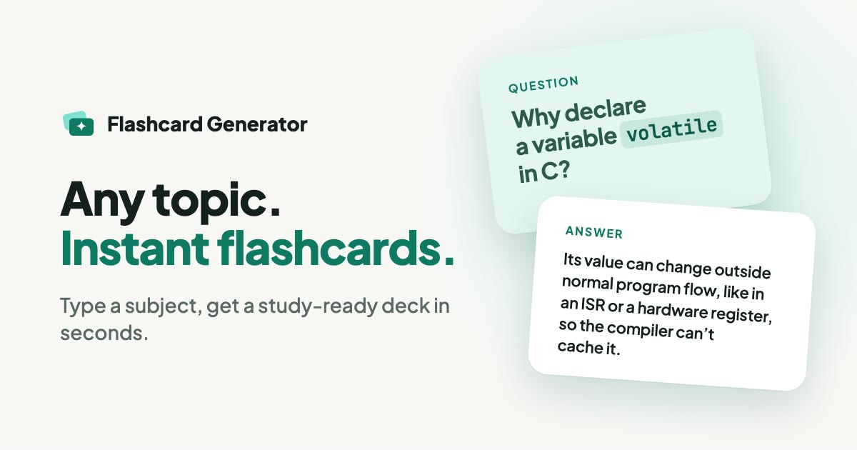 Flashcard Generator social card: 'Any topic. Instant flashcards.' beside a question card and an answer card about photosynthesis