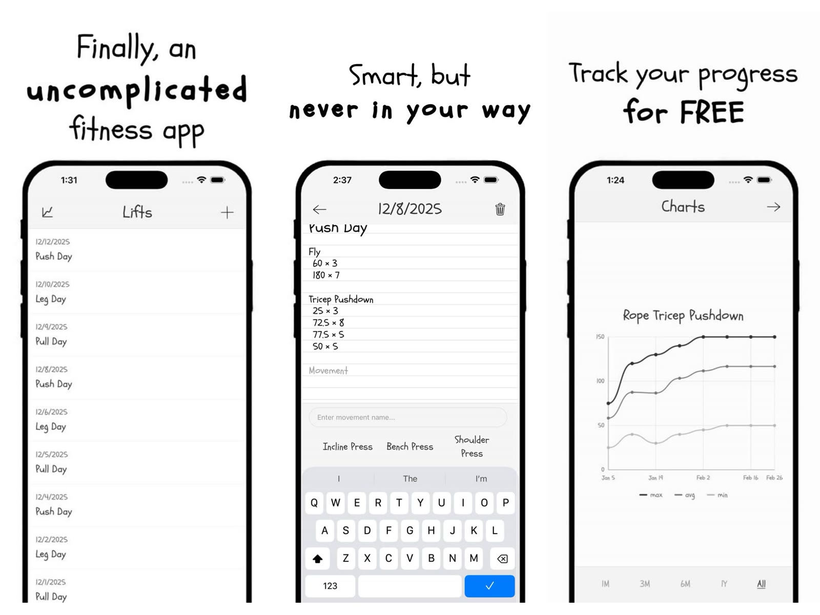 Three liftbook screens: the list of lifts, a workout being logged like a notebook page, and a progress chart