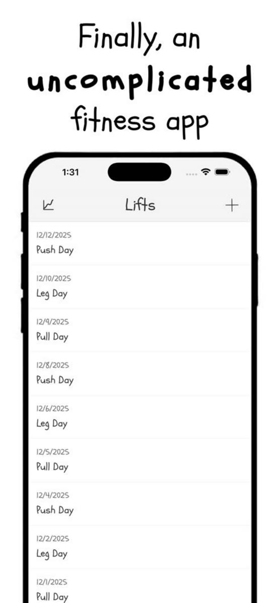 App Store screenshot: the list of lifts, one dated row per workout, under the headline 'Finally, an uncomplicated fitness app'