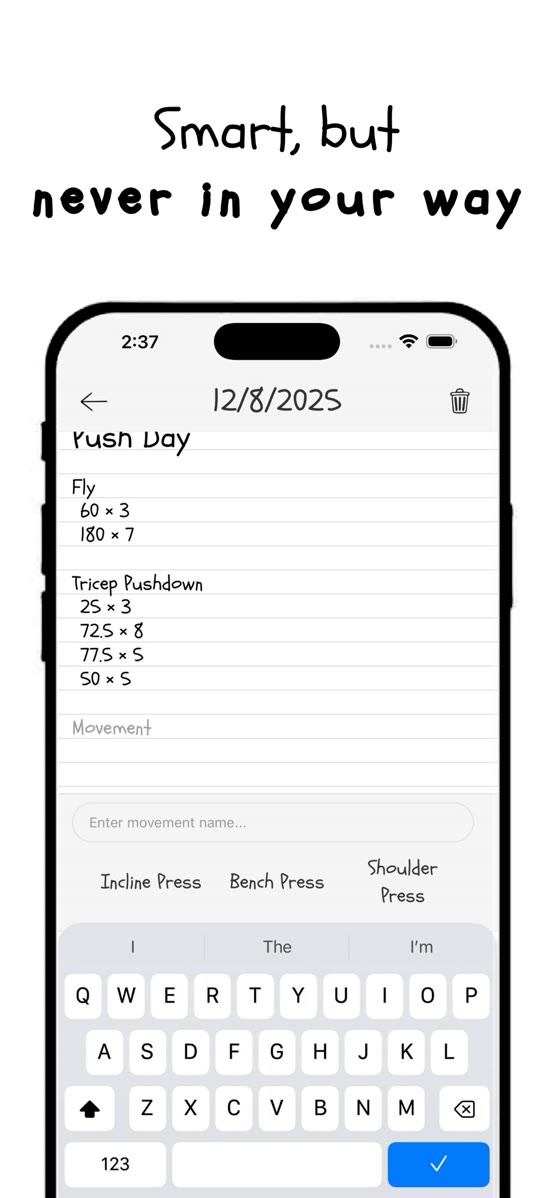 App Store screenshot: a Push Day page with sets logged under Fly and Tricep Pushdown, and movement suggestions above the keyboard