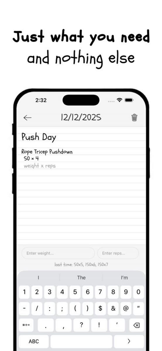 App Store screenshot: entering weight and reps for Rope Tricep Pushdown with a 'last time' note under the input