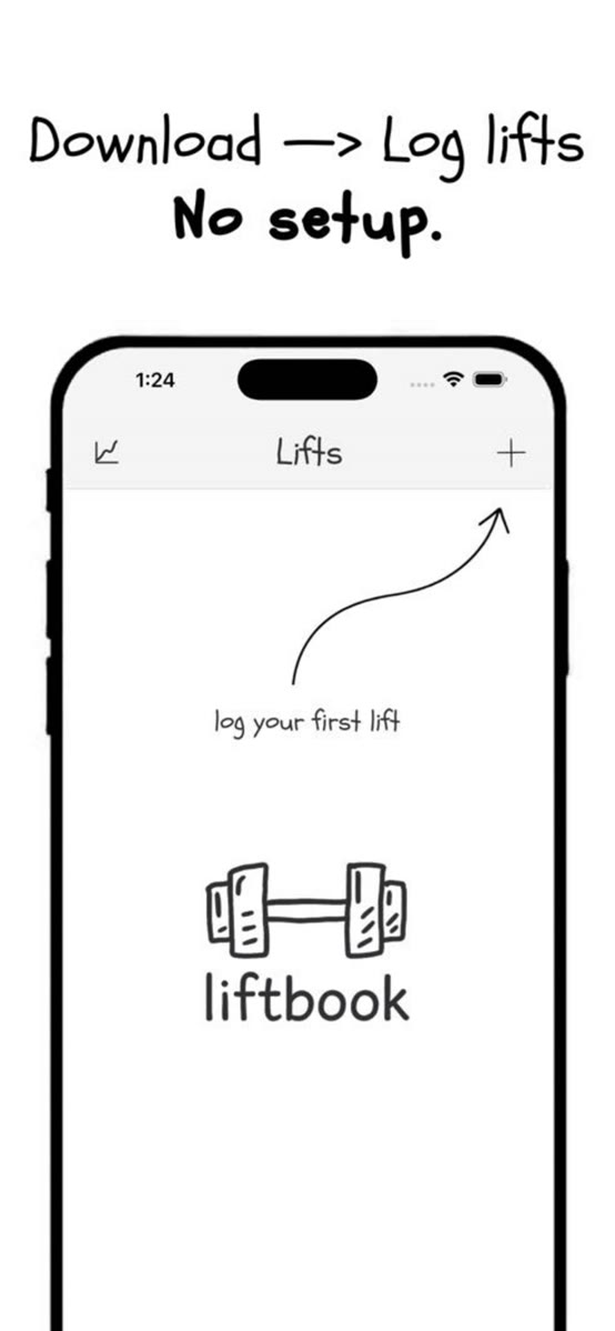 App Store screenshot: an empty list with a hand-drawn arrow pointing to the plus button and the liftbook logo