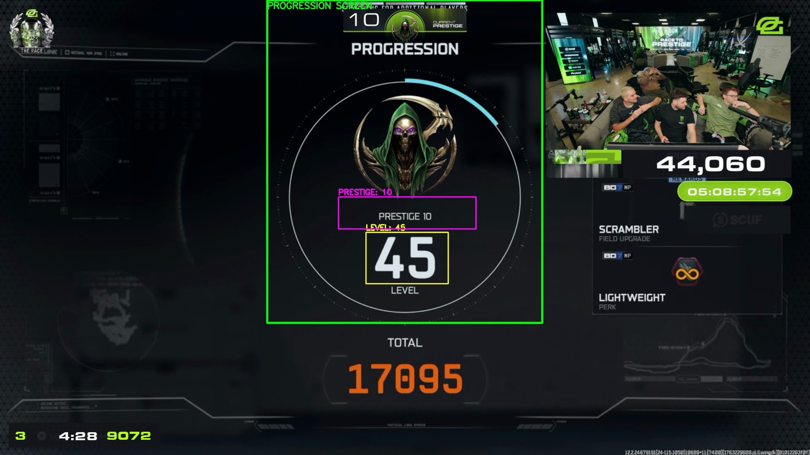 A Black Ops 7 Progression screen captured from a Twitch stream, with detection boxes drawn around the header, the Prestige 10 label and the level number 45